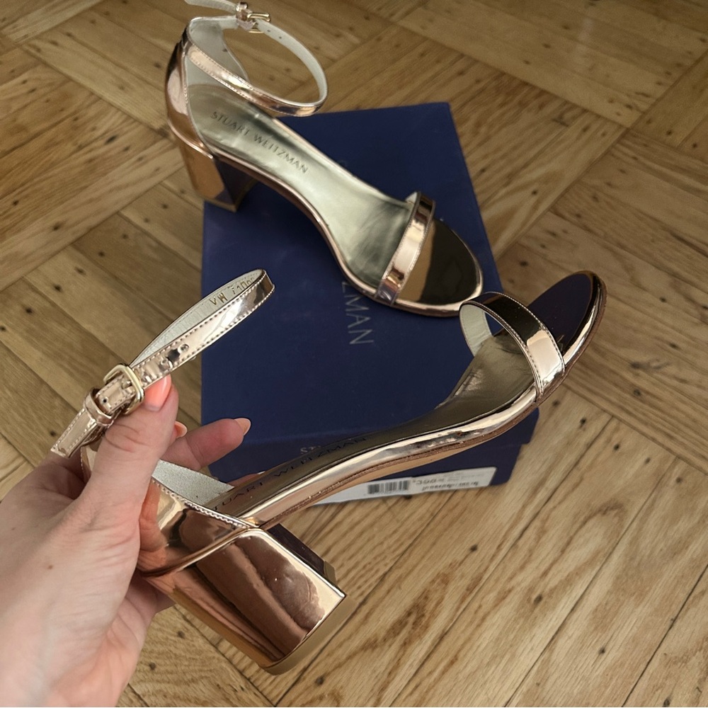 Stuart Weitzman Simple Sandals Rose Gold Metallic Leather Size 7 size